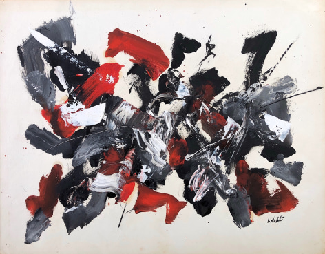 Image of untitled #051 painting by John Von Wicht depicting abstraction of reds, blacks, white and grey paint on a light colored background.