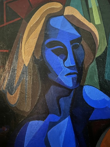 Closeup detail of blue woman's face done in a cubist style in the painting &quot;Ballad for Two Women&quot; by Seymour Franks.