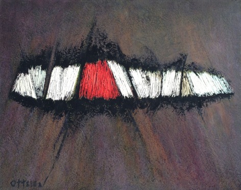 Image of an untitled (002) encaustic oil painting by Frederik Ottesen showing an abstract form in red, white and black on a mottled brown and mauve background.