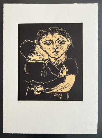 Image of full sheet on a lithograph by Hans Burkhardt depicting a mother holding a child in her arms.