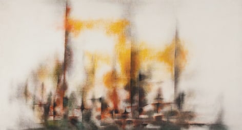 Image of sold painting by Norman Lewis entitled &quot;Excursions&quot; depicting an abstraction in grays, brick reds, orange and yellows against a light background.