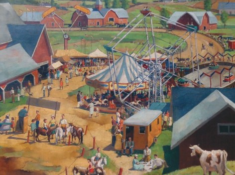 Image of Paul Sample's painting titled &quot;Noon at the Fair&quot; showing a country fair with a merry-go-round, ferris wheel and other midway rides.
