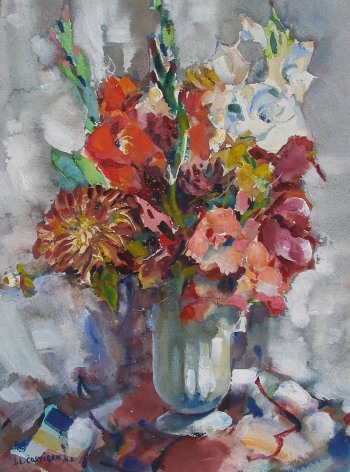 Image of &quot;Flower Arrangement&quot; watercolor painting by artist John Costigan showing red, white and pink gladiolus and other flowers in a white vase, depicted in an impressionist manner.