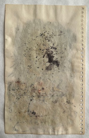 Image of verso of mixed media abstract by Hans Burkhardt in pinks, black and other colors.