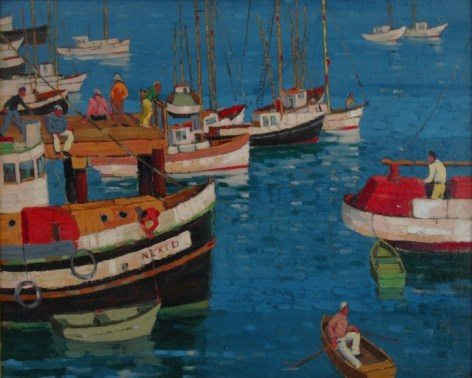 Image of Paul Sample's painting titled &quot;Busy Harbor&quot; showing several large and small boats in a harbor with a dock.