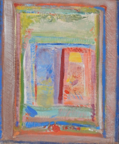 Image of sold abstract oil painting by Robert Natkin entitled &quot;Interior&quot; showing many colors mostly done in rectangular forms.