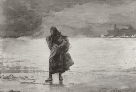 Image of sold watercolor painting by Winslow Homer showing a fisherwoman in Tynemouth along the sea.