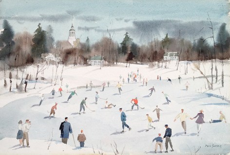 Image of sold watercolor by Paul Sample showing fitures skating and playing hockey on Occom Pond in Hanover, NH.