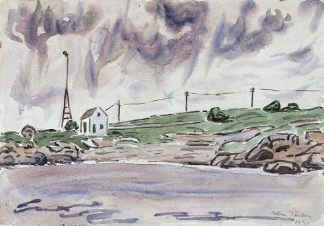 Image of sold watercolor by Allen Tucker showing a white house on a hillside with dark abstract clouds.