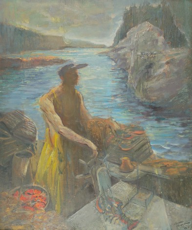Image of painting entitled &quot;Break of Day, Lobsterman&quot; by artist Edward Christiana showing an impressionistic view of a man standing up and driving a boat through a rocky inlet with a bucket of red lobsters near is feet..
