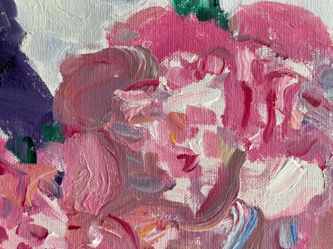 Closeup detail of pink peony in Nell Blaine's painting Bouquet of Peonies and Empire Lily.