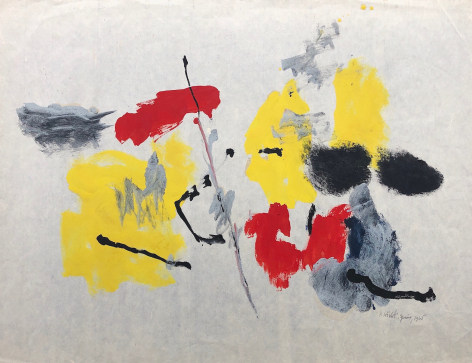 Image of sold mixed media abstract artwork by John Von Wicht in yellow, red, black and grays.