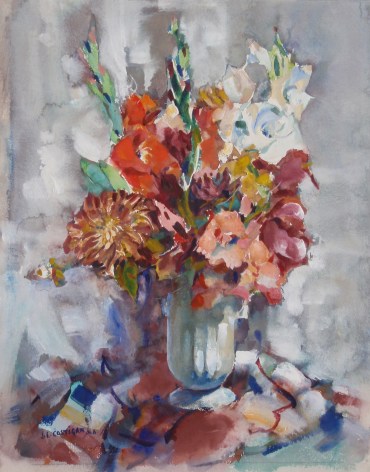 Image of John Costigan 1966 watercolor of an impressionist flower arrangement in a vase with gladiolas and other flowers.