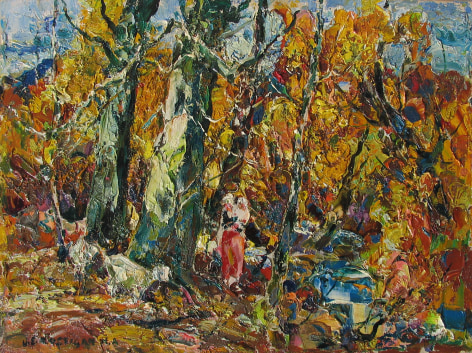 Image of &quot;Mother and Child&quot; sold painting by artist John Costigan, showing a heavily impasto impressionist fall woodland scene of a woman in a red skirt holding a baby with goats standing near trees.
