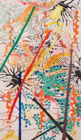 Image of sold abstract oil painting by Nancy Graves titled &quot;Extract&quot; in bright colors.