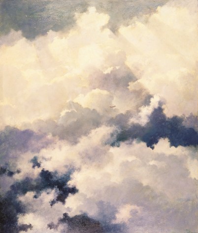 Image of sold oil painting by Eric Sloane entitled &quot;Coudscape Brookfield, CT&quot; showing dramatic clouds with an airplane in the far distance.