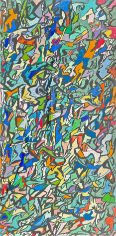 Image of untitled (MaFr007) painting by Fred Martin in pastel and acrylic of greens, blues, oranges with many shapes outlined in black.