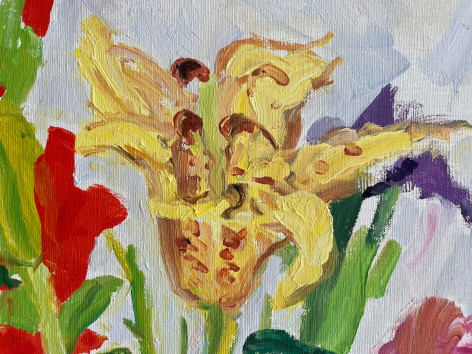 Closeup detail of yellow lily in Nell Blaine's  painting Bouquet of Peonies and Empire Lily.