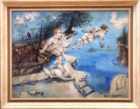 Image of wooden frame on &quot;Lure of the Waters&quot; painting by Philip Evergood.