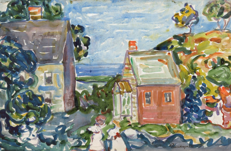 Image of Maurice Prendergast's sold watercolor of two houses in Annisquam with lush vegetation around.