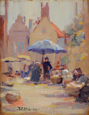 Image of Ruth Anderson's oil painting entitled &quot;Fish Market, Bruges&quot; showing an impressionist view of an open air market with some venders set up under umbrellas.