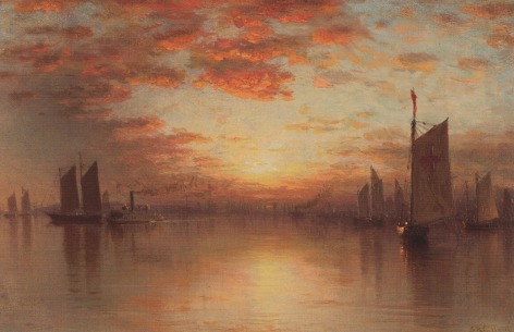 Image of sold Sanford Gifford painting entitled &quot;Sunset Over New York Bay&quot; showing a orange clouded sky over a calm body of water with several sailing vessels anchored..