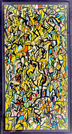 Frame image of untitled (015) abstract painting by Fred Martin in multiple colors outlined in black.