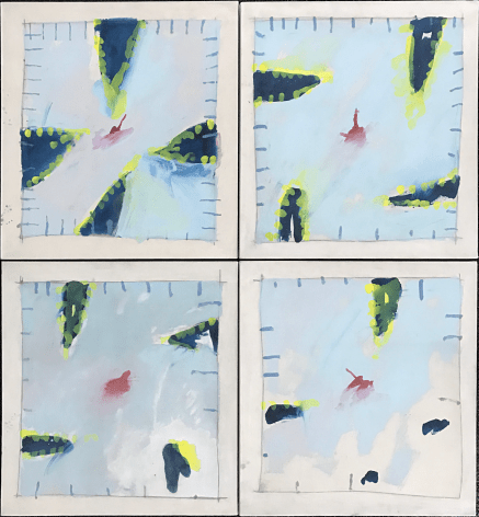 Image of Robert Zakanitch's untitled abstract 1974 painting Quadtych with each canvas done in variations of green, yellow, blue, red and white.