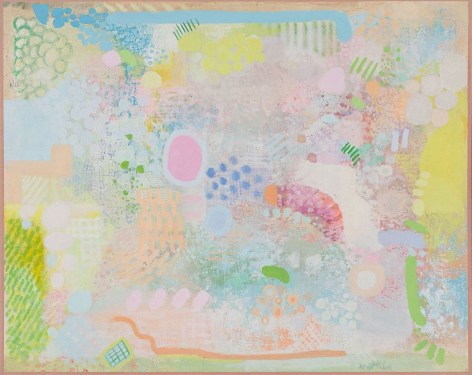 Image of sold 1969 oil painting by Robert Natkin entitled &quot;Field Mouse&quot; showing abstract shapes in a pastel palette.