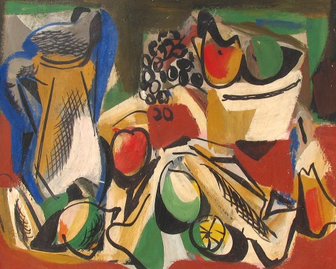 Image of Vaclav Vytlacil's 1942 sold abstract still life painting of fruit and a jug.