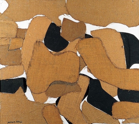 Image of sold mixed media collage by Conrad Marca-Relli of &quot;Figure/Forms&quot; with brown and black pieces of cloth/canvas on a white background..