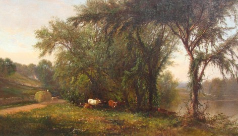 Image of sold oil painting by James McDougal Hart showing several cows near Gleneida Lake.