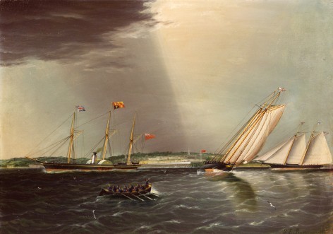 Image of James E. Buttersworth's sold painting &quot;America vs Aurora&quot; showing two ships at full sail, a steamer ship with no sails hoisted, and a rowboat.