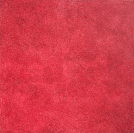 Image of &quot;Argaman&quot; oil painting by artist Jacob El Hanani depicting a red abstract painting with fine lines incised across the entire canvas.