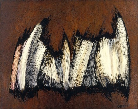 Image of untitled abstract encaustic oil painting (010) by Frederik Ottesen in white, black and ochre colors.
