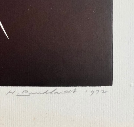 Image of signature on untitled 1972 abstract lithograph by Hans Burkhardt in white, black and browns.