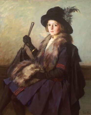 Image of sold oil painting by Pauline Palmer entitled &quot;The Winter Girl&quot; showing a seated young girl wearing a wool coat trimmed in fur with a fur muff and a black hat with a feather and holding an umbrella.