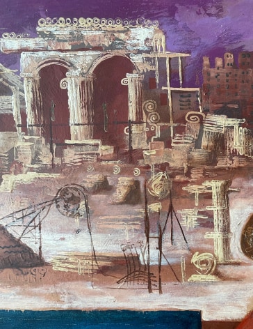 Image detail of the crumbling buildings in the background of &quot;Blueprint of the Future&quot; painting by Julio De Diego.