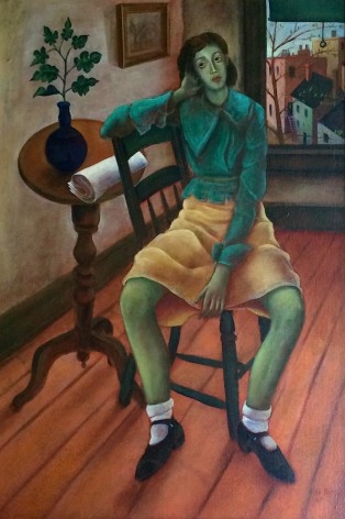 Image of painting entitled &quot;Girl in Interior&quot; by artist Julio De Diego featuring a green-skinned girl dressed in a green long sleeved shirt with a yellow skirt and black mary jane shoes with white bobby socks sitting on a chair next to a round side table..
