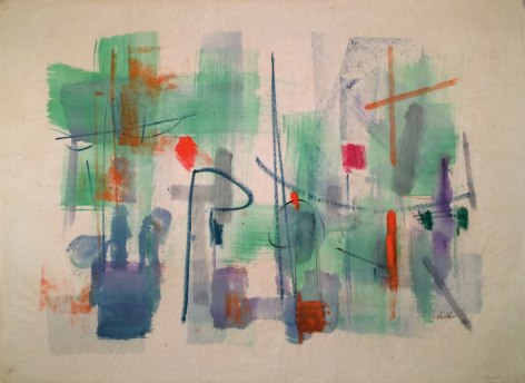 Image of John Von Wicht's watercolor abstract painting titled &quot;Harbor Mist&quot; done in light greens and blues with orange and red accents.