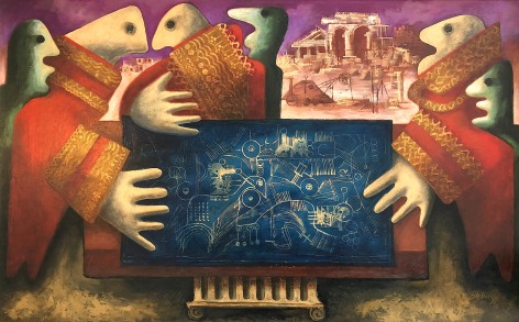 Image of &quot;Blueprint of the Future&quot; painting by artist Julio De Diego showing several abstract humanoid figures dressed in red with fancy gold edging looking at a blueprint in the foreground with a crumbling ancient pillared building in the background.