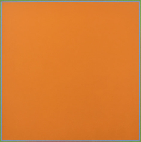 Image of oil painting entitled &quot;No.10&quot; by Naohiko Inukai with an orange canvas that has thin lines of a blue-violet and light green along the edges.