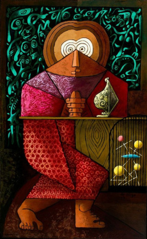 Image of tempera and oil painting entitled &quot;St. Atomic&quot; by Julio De Diego showing an abstract figure with hands folded together and resting on a desk or counter.