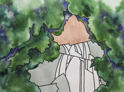 Sold ink and watercolor artwork of woodland waterfall by Easton Pribble.