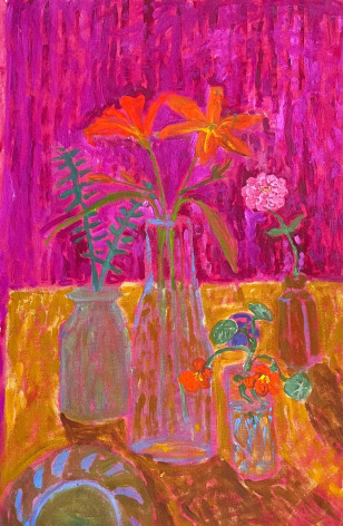 Image of Elizabeth Snelling's 2021 painting &quot;Summer Flowers&quot; depicting several glass vases on a table filled with stems of flowers.