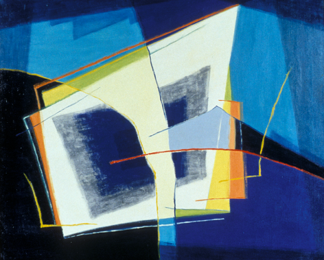 Image of sold abstract oil painting entitled &quot;Mirror with Reflection&quot; by Roger Selchow in blues, white, cream, orange and green.