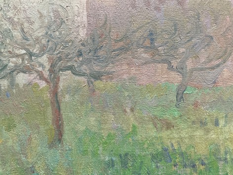 Closeup detail image of trees and grass in &quot;Farm Orchard in Winter&quot; painting by Thoedore Butler.