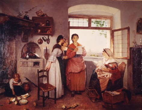 Image of sold painting by Gerolamo Induno entitled &quot;News of the Day&quot; showing a family of women standing and sitting near a window listening to a letter be read.