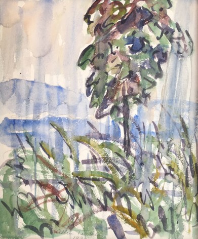 Image of Allen Tucker's watercolor of a rainstorm in a landscape with a tree, tall grasses, and hills in the background.