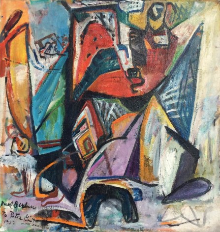 Image of 1952 oil painting entitled&quot;Composition&quot; by Paul Burlin with abstract shapes of reds, blues, yellows, oranges, whites, blacks, grey, and mauve colors.